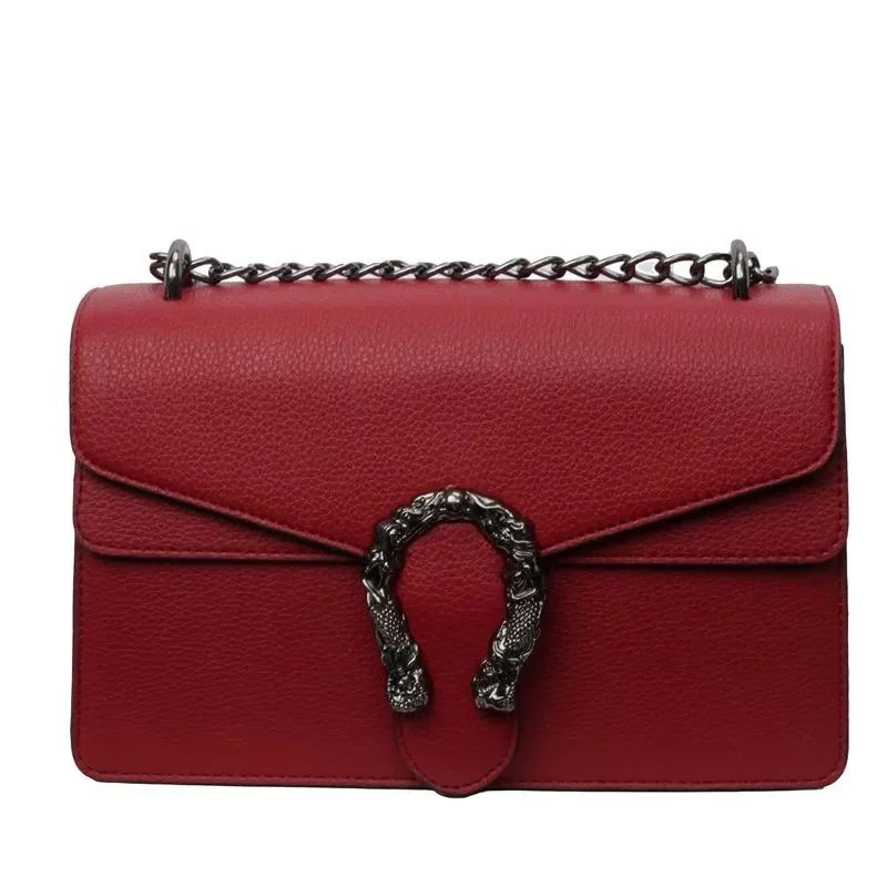 Other Red Leather Chain Shoulder Bag with Dragon Buckle Red - 1