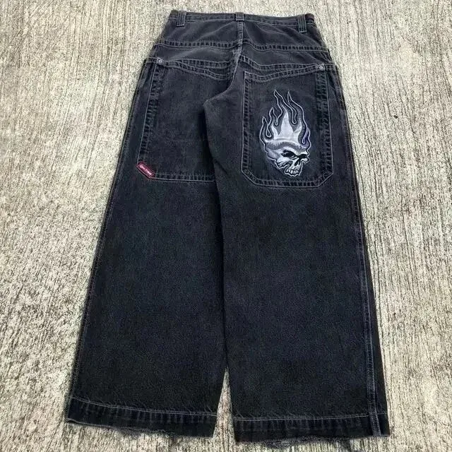 Other Black Flame Skull Embroidered Jeans Black - 1