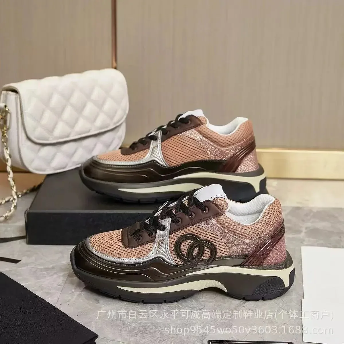Chanel Chanel Brown/Beige/Silver Double C Logo Sneakers Brown