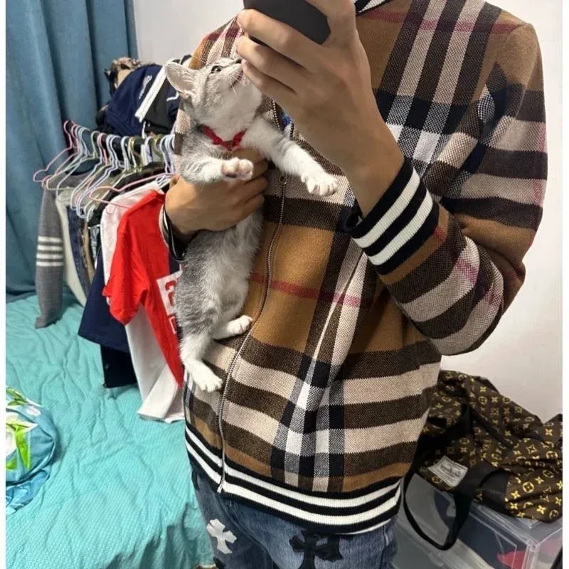 Other Unisex Plaid Zip-Up Hoodie in Beige Beige - 1