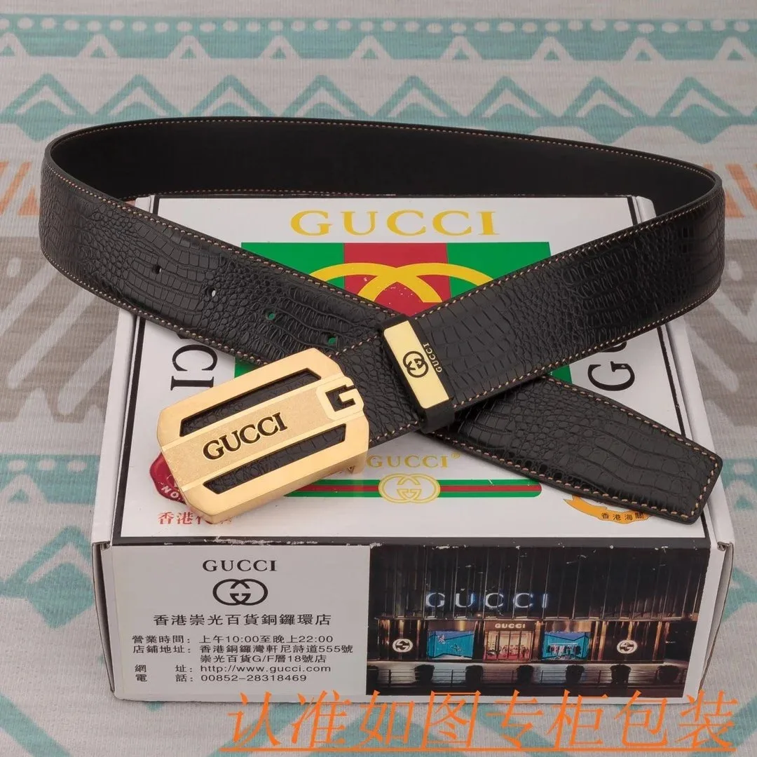 Gucci Gucci Black Crocodile Texture Belt with Gold Buckle Black - 1