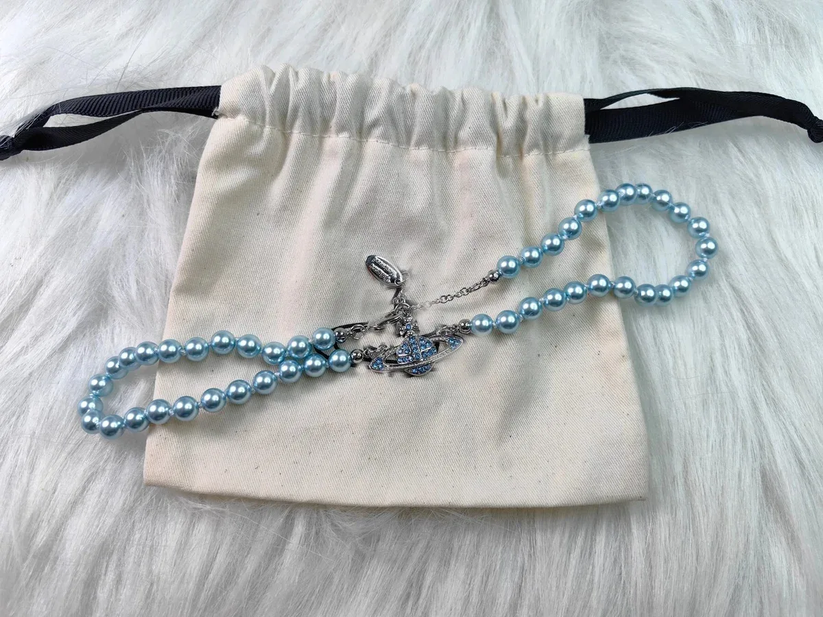 Vivienne Westwood Vivienne Westwood Orb Pearl Saturn Necklace (Silver Blue Beads) Blue - 1
