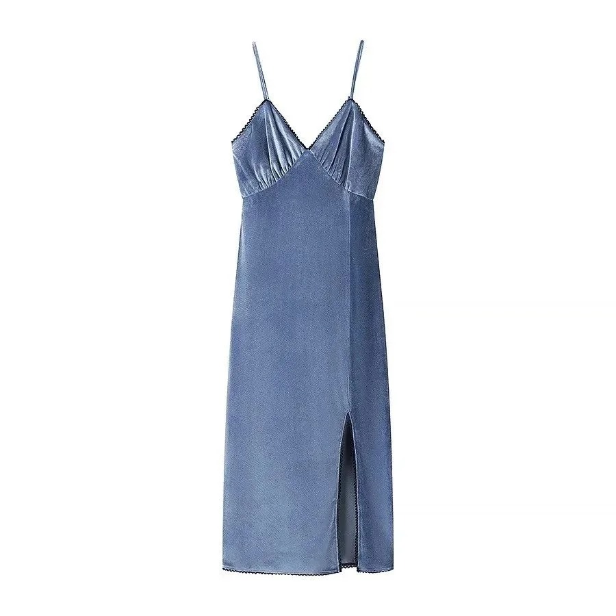 Other Blue Velvet Slip Dress with V-Neck Blue - 1