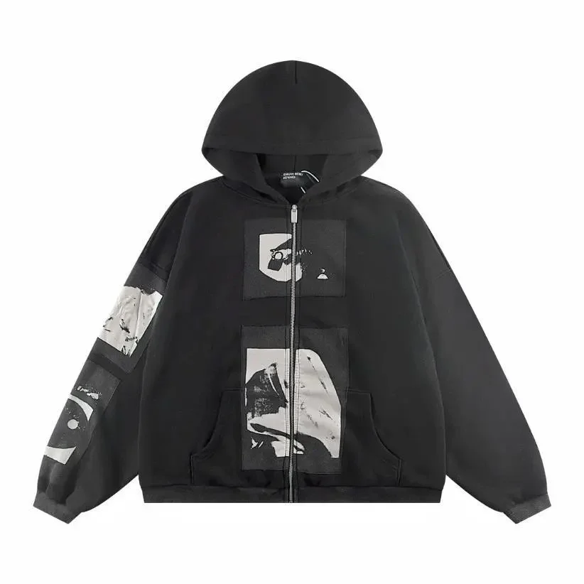 Other Oversized Black/White Printed Zip-Up Hoodie Black - 1