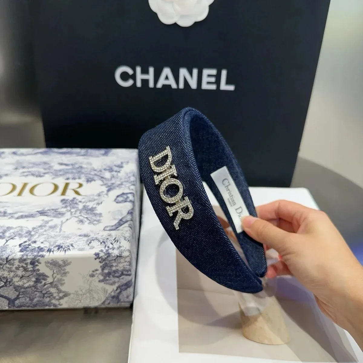 Dior Dior Denim Headband with Crystal 'DIOR' Embellishment Navy - 1