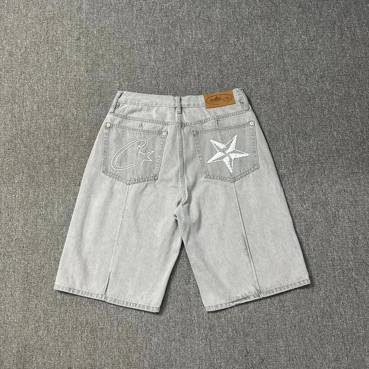 Other Unisex Light Wash Denim Shorts with Embroidered Star & Moon Blue - 1