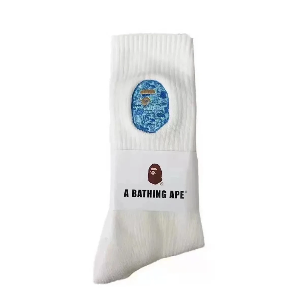 A Bathing Ape A Bathing Ape White Long Tube Socks with Blue Embroidery White