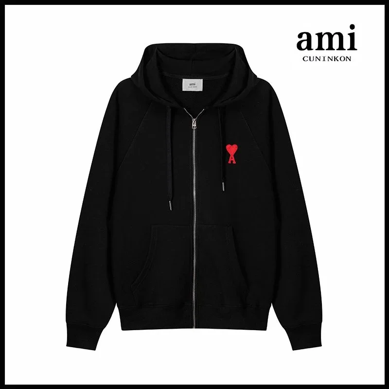 Ami Paris Ami CUNINKON Black Heart Zip Hoodie Black - 1