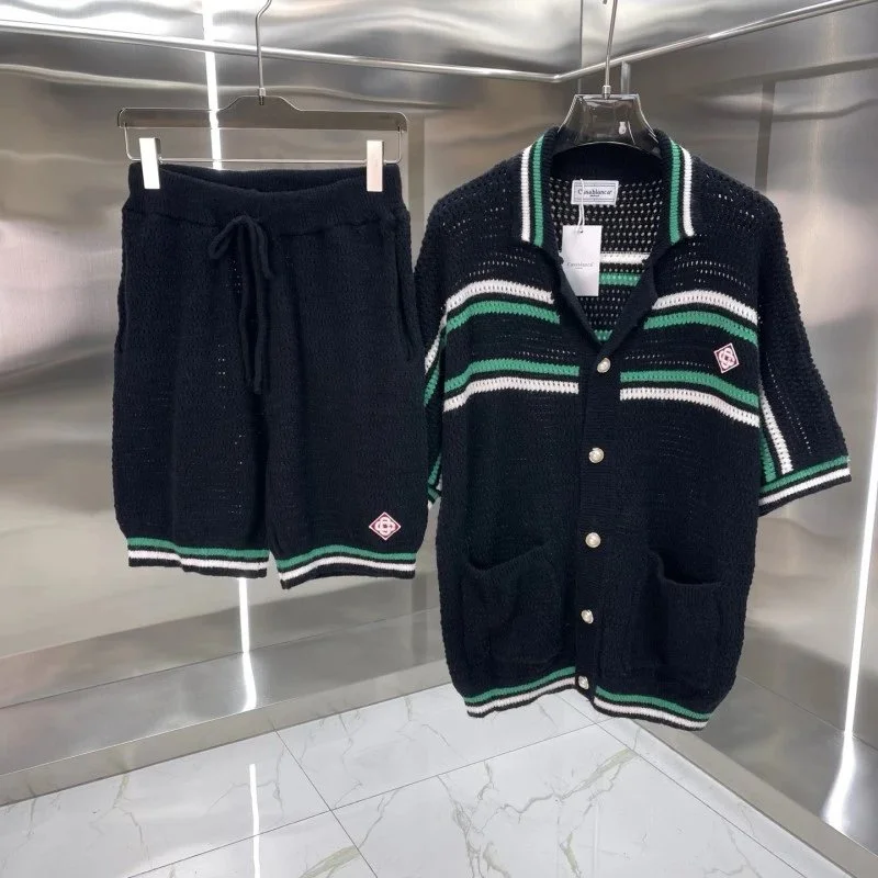 Other Knit Set with Striped Cardigan and Shorts Black - 1