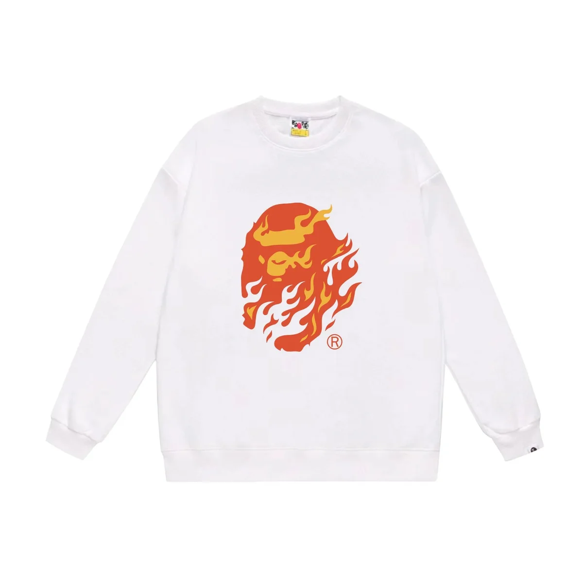 A Bathing Ape BAPE Flame BAPE Head White Crewneck Sweatshirt White - 1