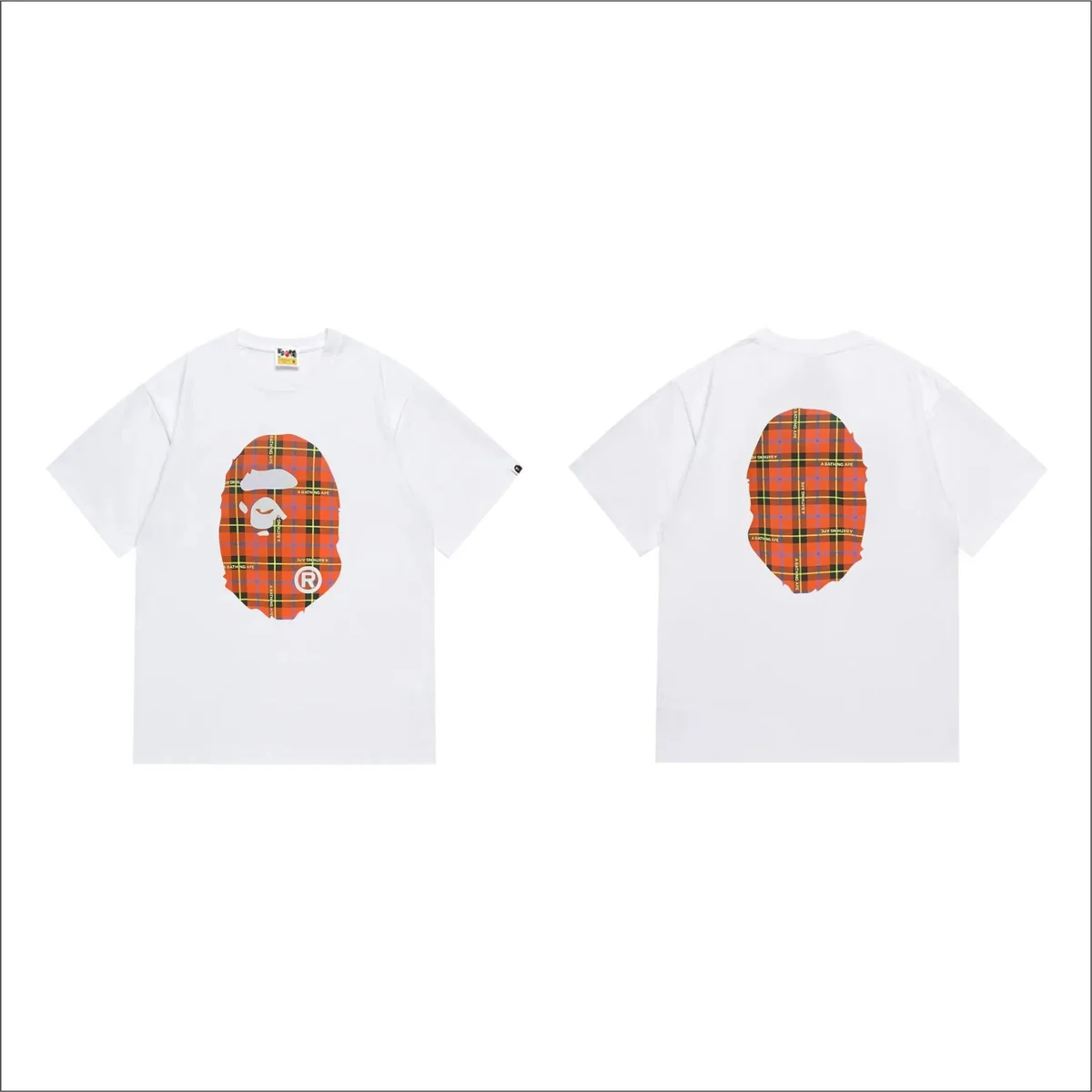 A Bathing Ape BAPE BAPE STA White with Orange Plaid Head T-Shirt White - 1