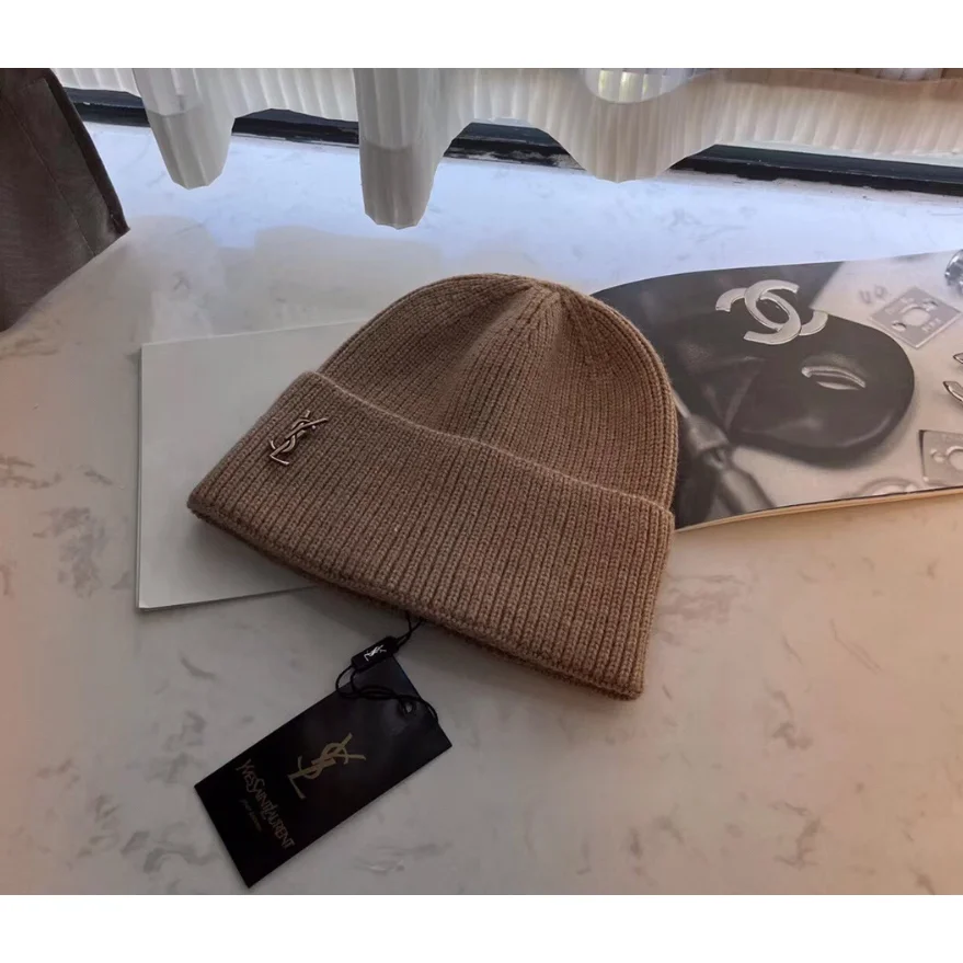 Saint Laurent YSL Camel Beanie with YSL Logo Headwear Beige - 1