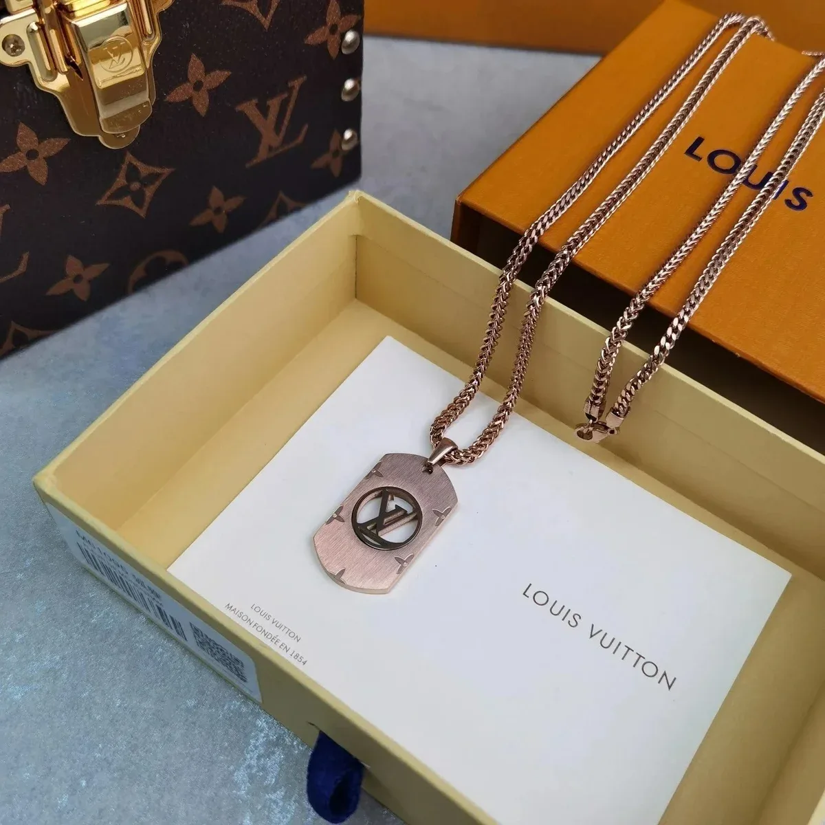 Louis Vuitton Louis Vuitton Monogram Dog Tag Necklace Rose Gold Gold
