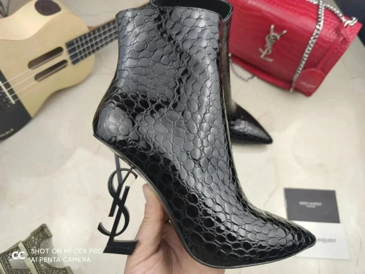 Saint Laurent Saint Laurent YSL Crocodile Texture Heeled Boots Black - 1