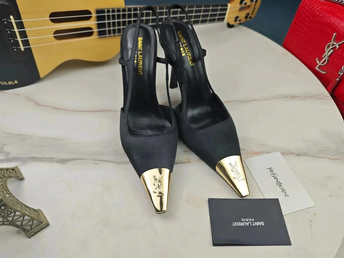 Saint Laurent Saint Laurent YSL T-Strap Black Gold Heels Black - 1