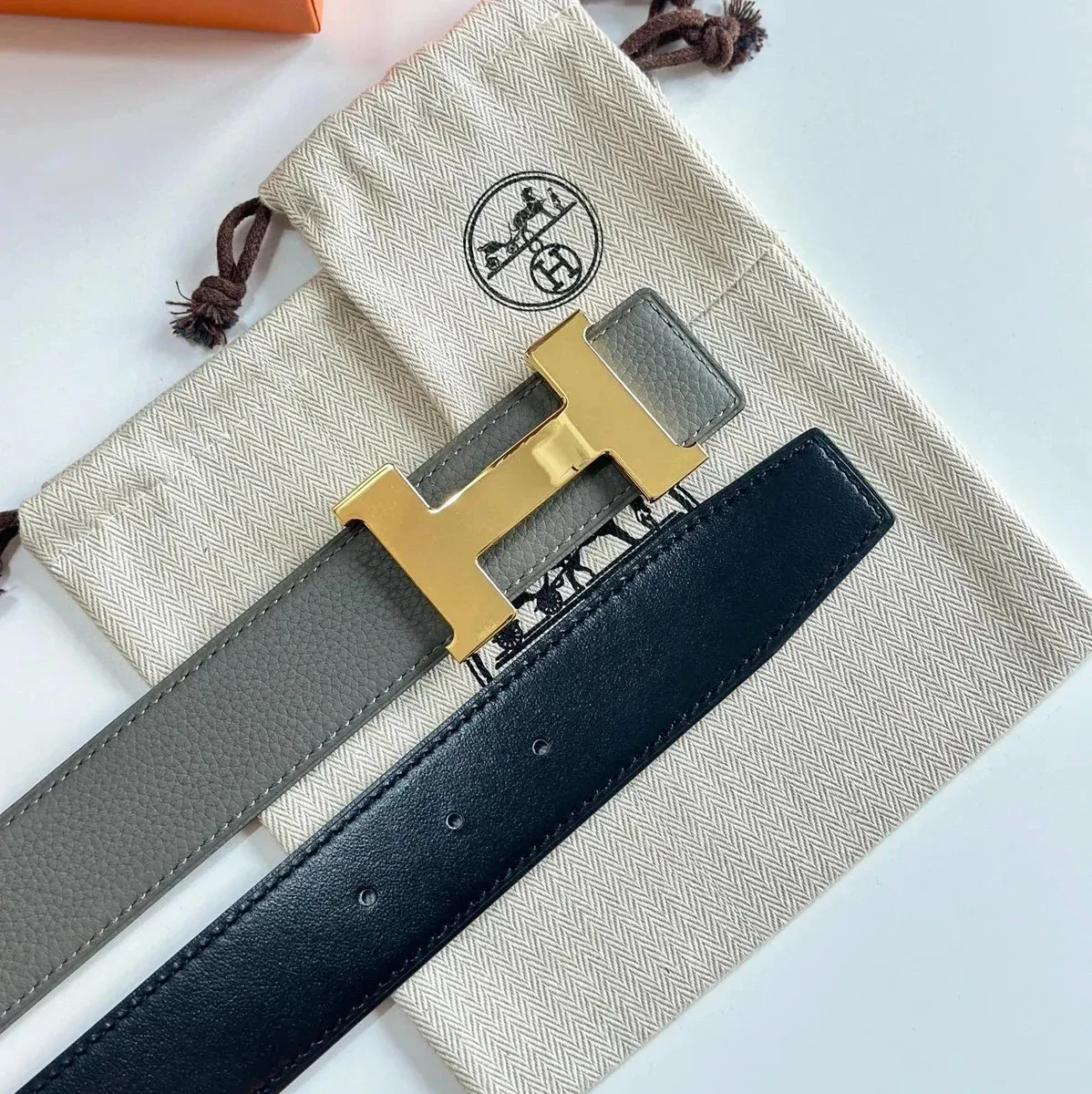 Hermès Hermès H Grey Leather Belt with Bright Gold Buckle Grey