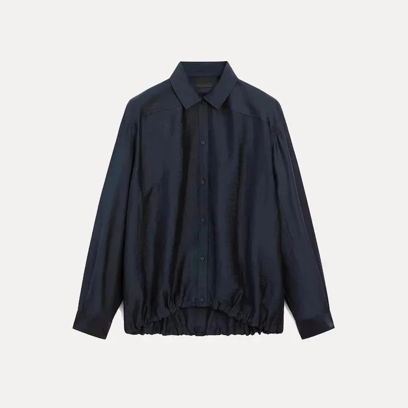 Other Unisex Dark Navy Silk Button-Up Shirt Navy - 1
