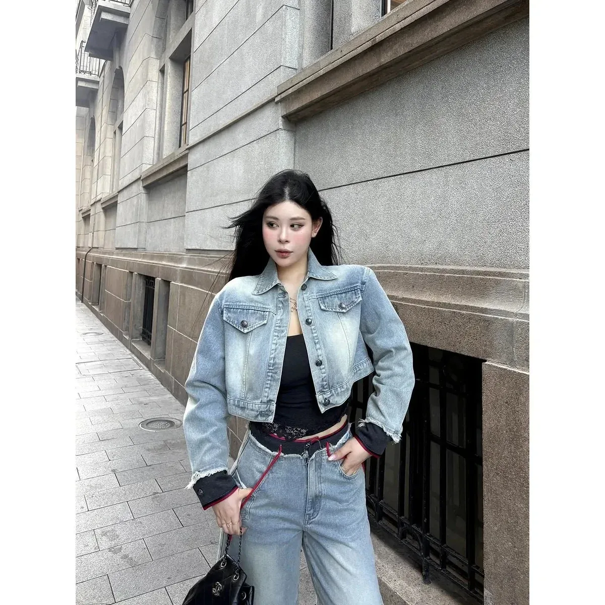 Other Light Blue Denim Jacket Women's Crop Top Blue - 1