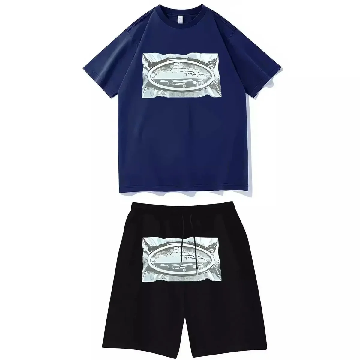 Other Unisex Navy & Black Graphic T-Shirt and Shorts Set Navy - 1