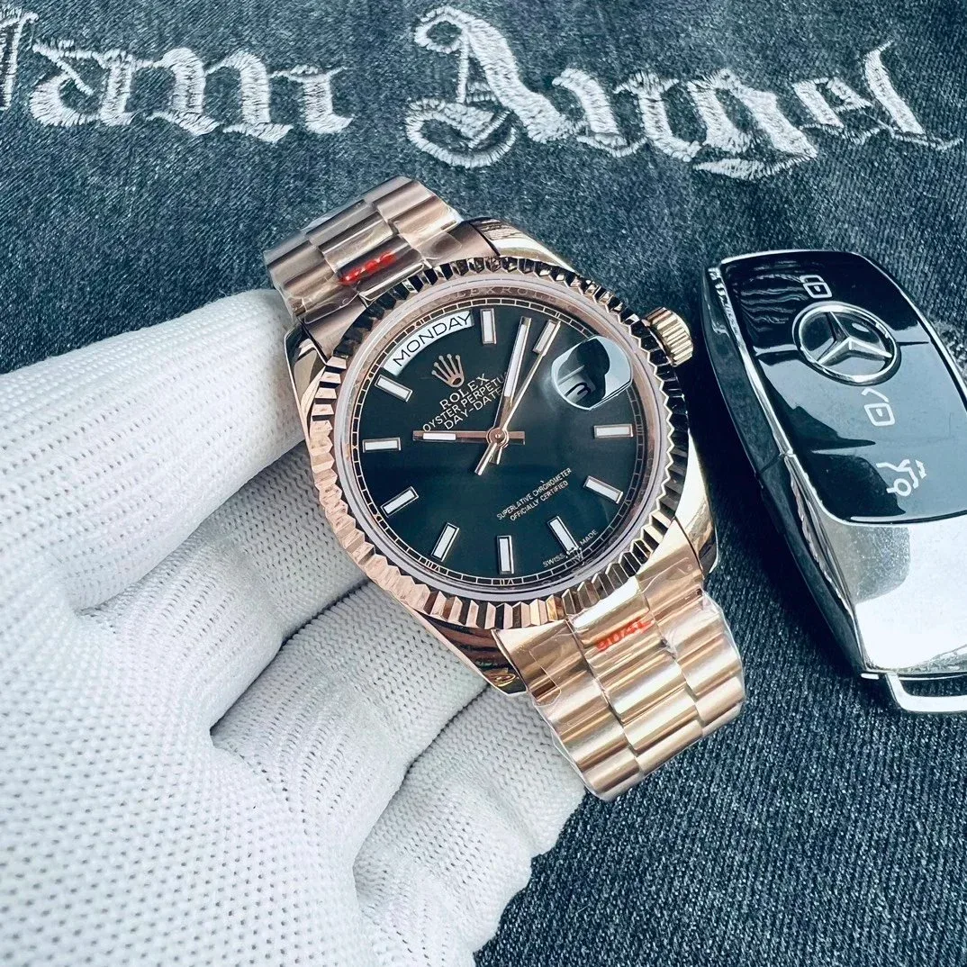 Rolex Rolex Day-Date 40mm Rose Gold Case Black Dial Steel Bracelet Watch Gold - 1