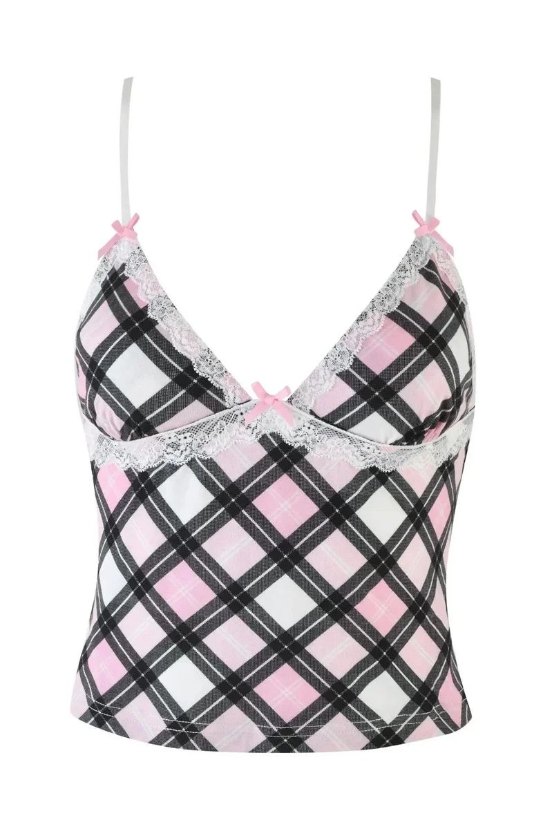 Other Plaid Lace Trim Camisole Top Pink - 1