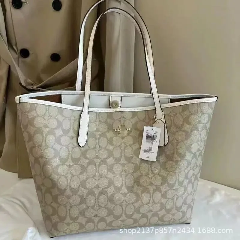 Coach Coach Signature Tote Bag Beige White Handbag Beige - 1