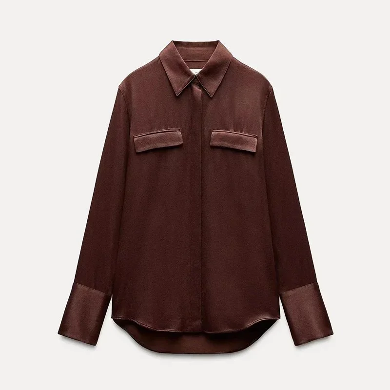 Other Brown Satin Button-Up Shirt with Chest Pockets Brown - 1