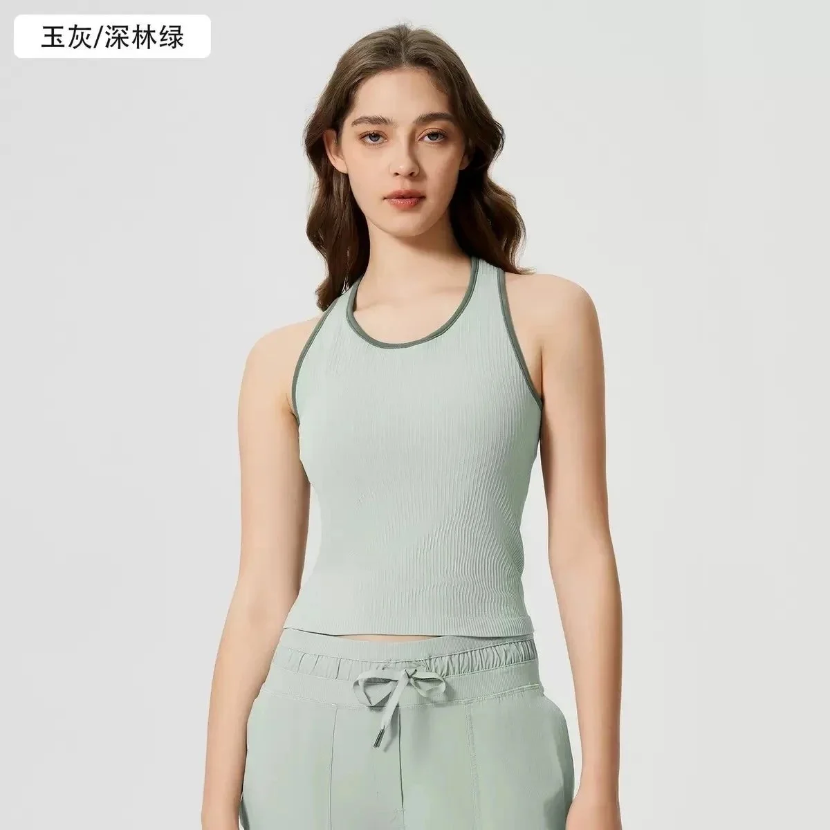 Other Unisex Ribbed Tank Top玉灰/森林绿 Tops Green - 1