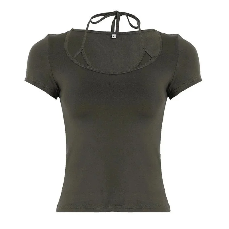 Other Solid Army Green Halter Neck T-Shirt Green - 1