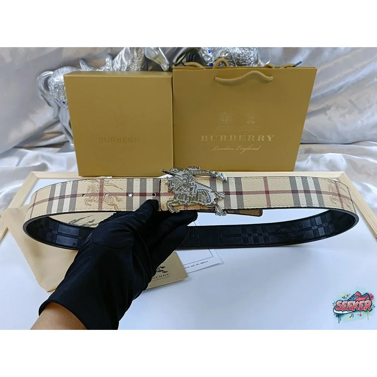 Burberry Burberry Check Belt with Equestrian Knight Buckle Beige - 1