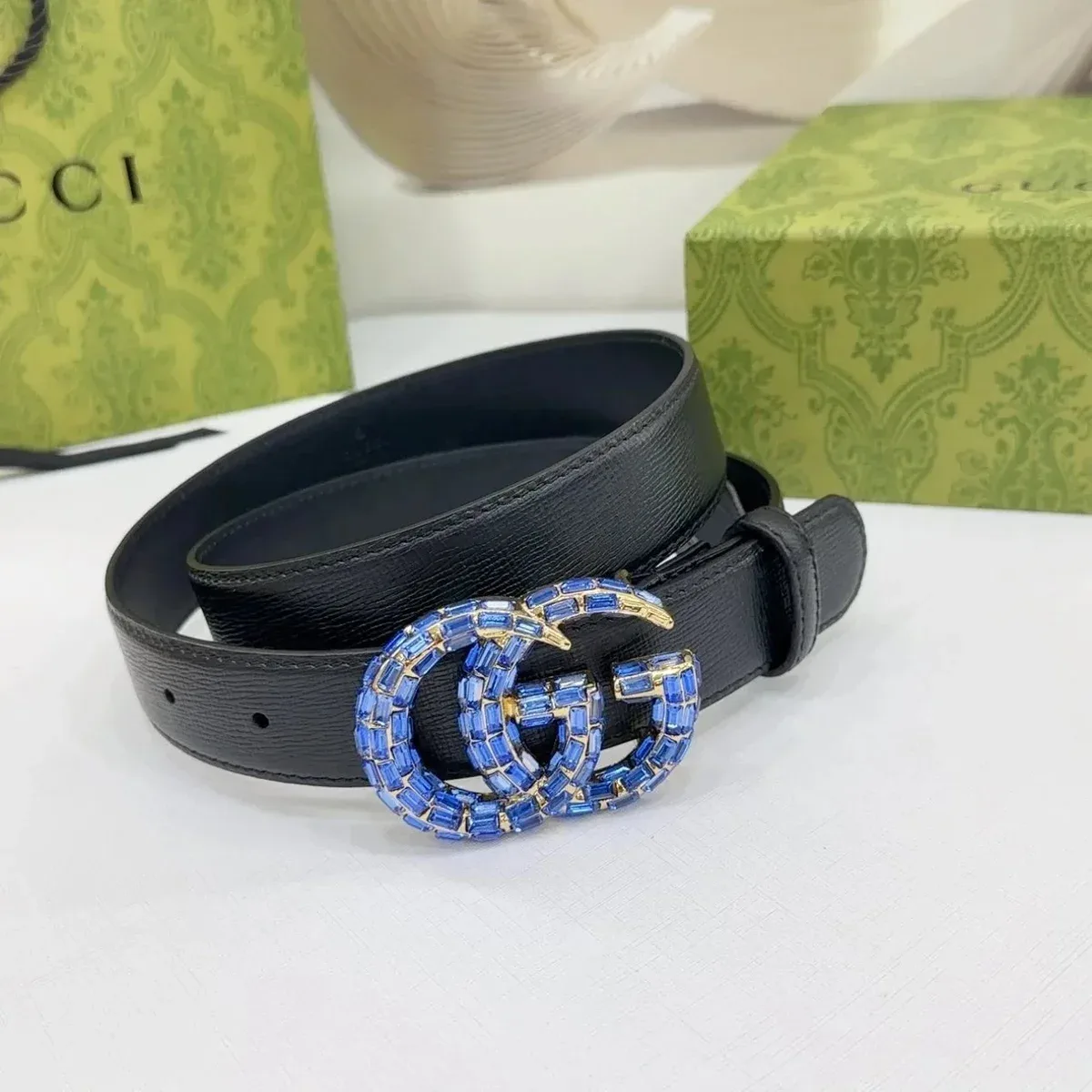 Gucci Gucci Interlocking G Blue Crystal Belt Black