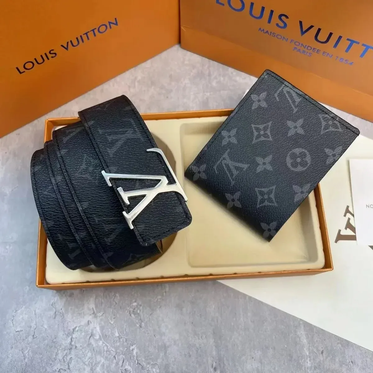 Louis Vuitton Louis Vuitton Monogram Black Belt & Wallet Set Black