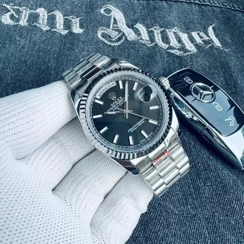 Rolex Rolex Oyster Perpetual Day-Date Silver Bezel Black Dial Steel Men's Watch Silver - 1