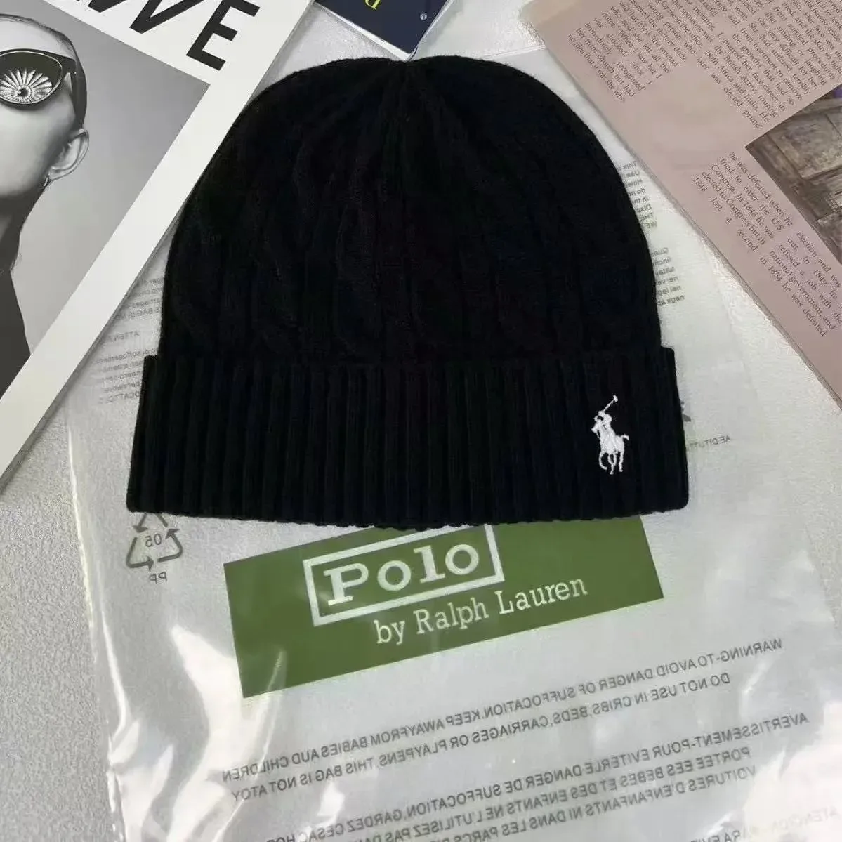 Polo Ralph Lauren Polo Ralph Lauren Classic Beanie Black White Logo Hat Black - 1