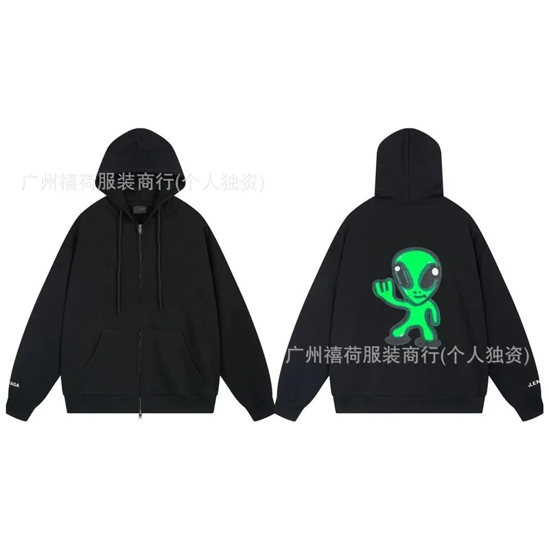 Other Black Zip-Up Hoodie with Green Alien Graphic Black - 1