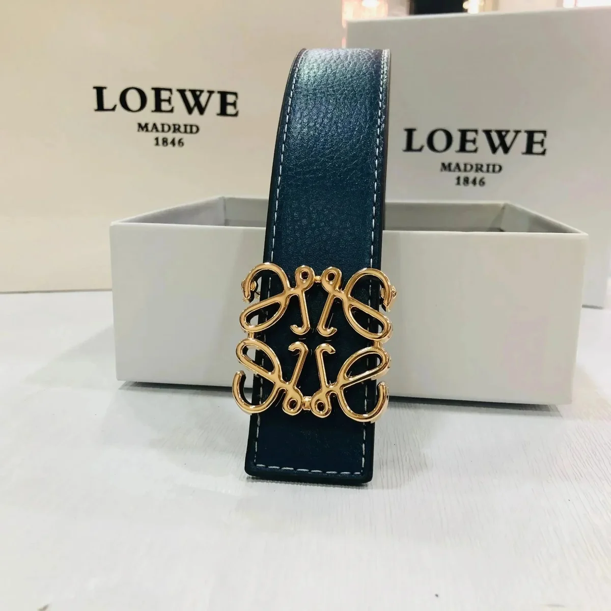 Loewe Loewe Anagram Blue with Gold Buckle Belt Blue