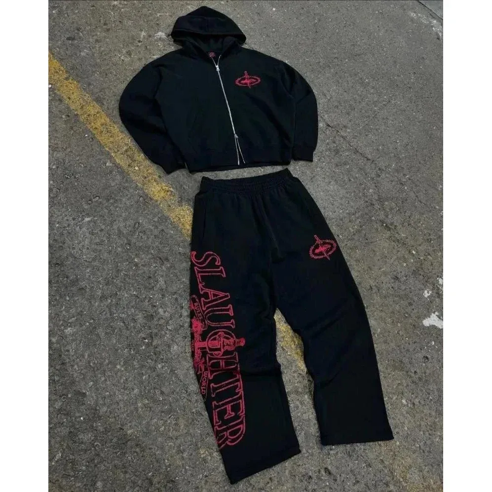 Other Black 'SLAUGHTER' Zip-Up Set with Red Embroidery Black - 1