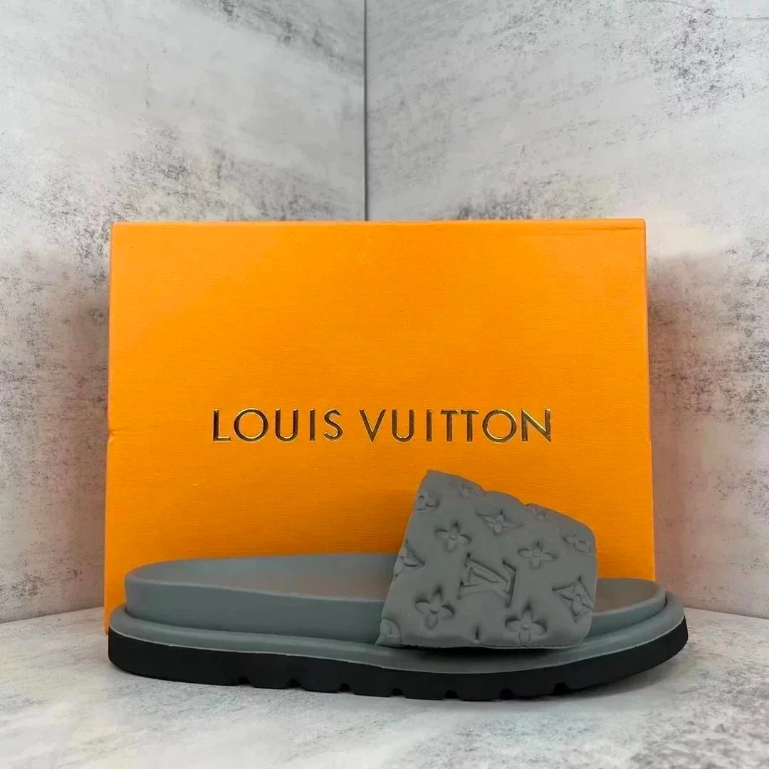 Louis Vuitton Louis Vuitton Monogram Grey/Black Slide Sandals Grey