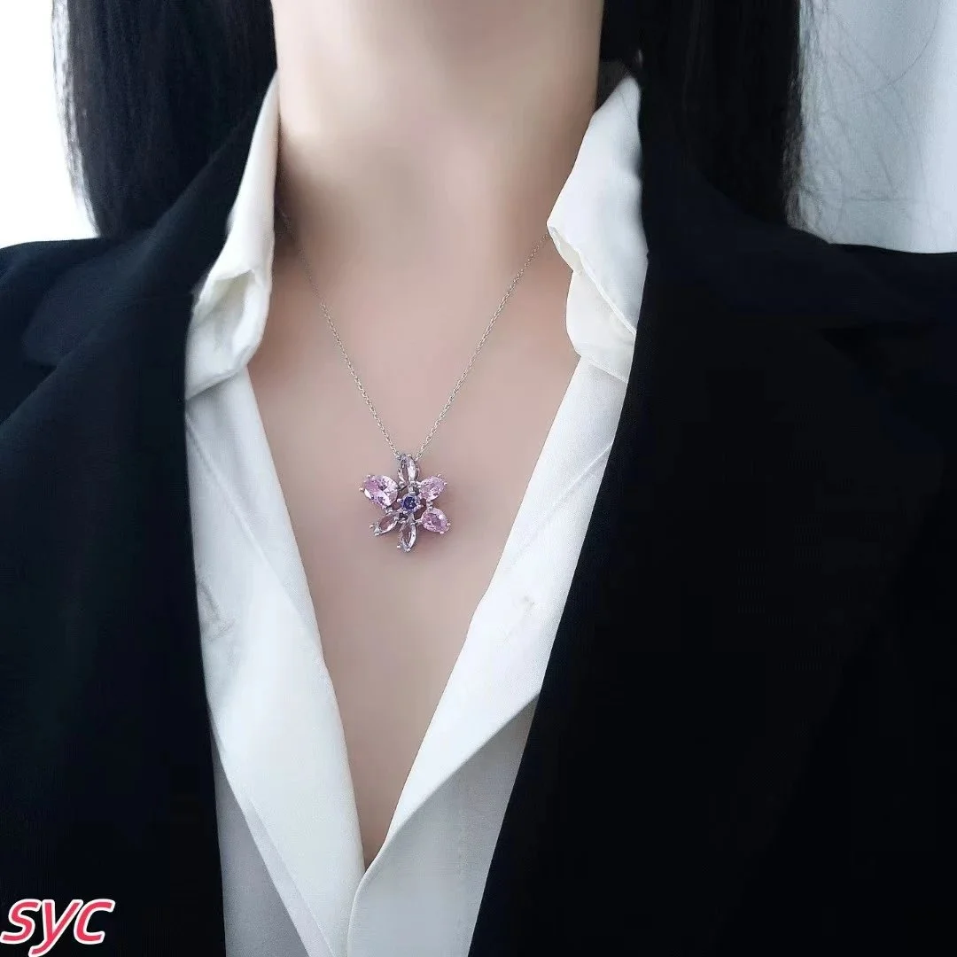 Other Floral Crystal Pendant Necklace Pink - 1