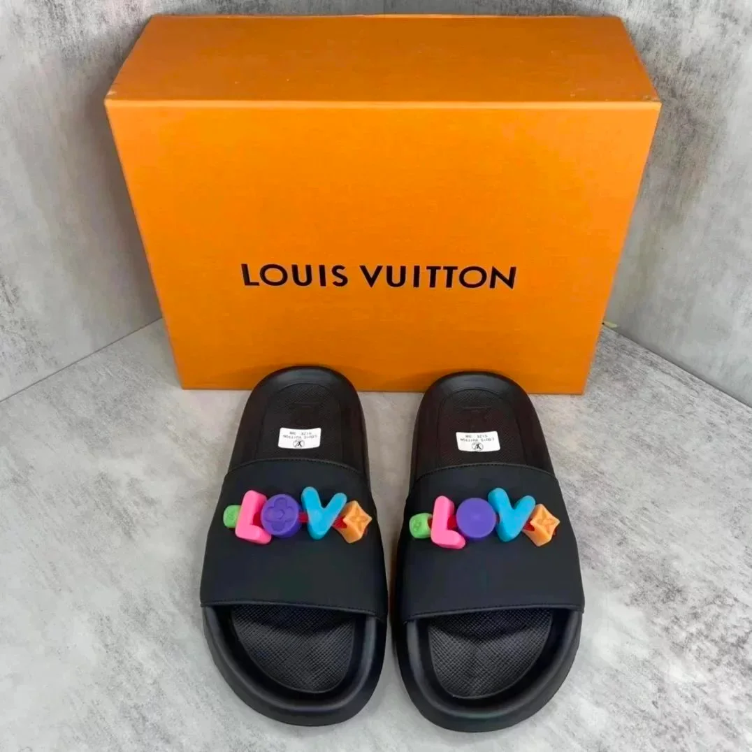 Louis Vuitton Louis Vuitton Black/Colorful LOVE Logo Slippers Black