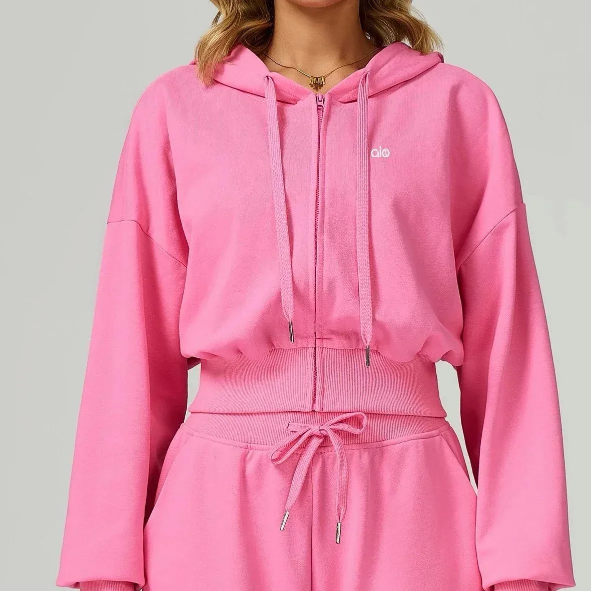 Other Pink Cropped Zip-Up Hoodie Set Pink - 1
