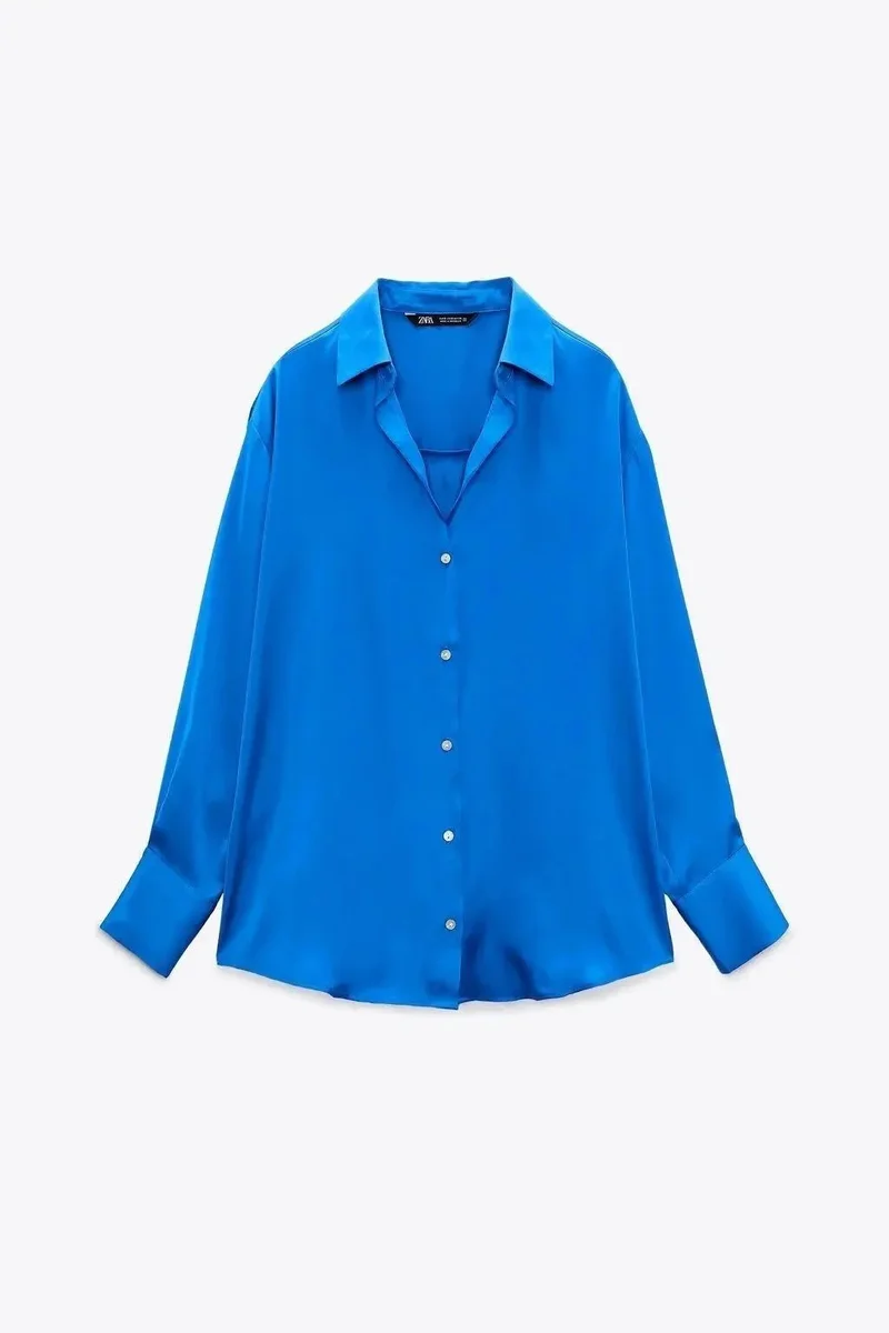 Zara Zara Iron Blue Satin Button-Up Shirt Blue - 1