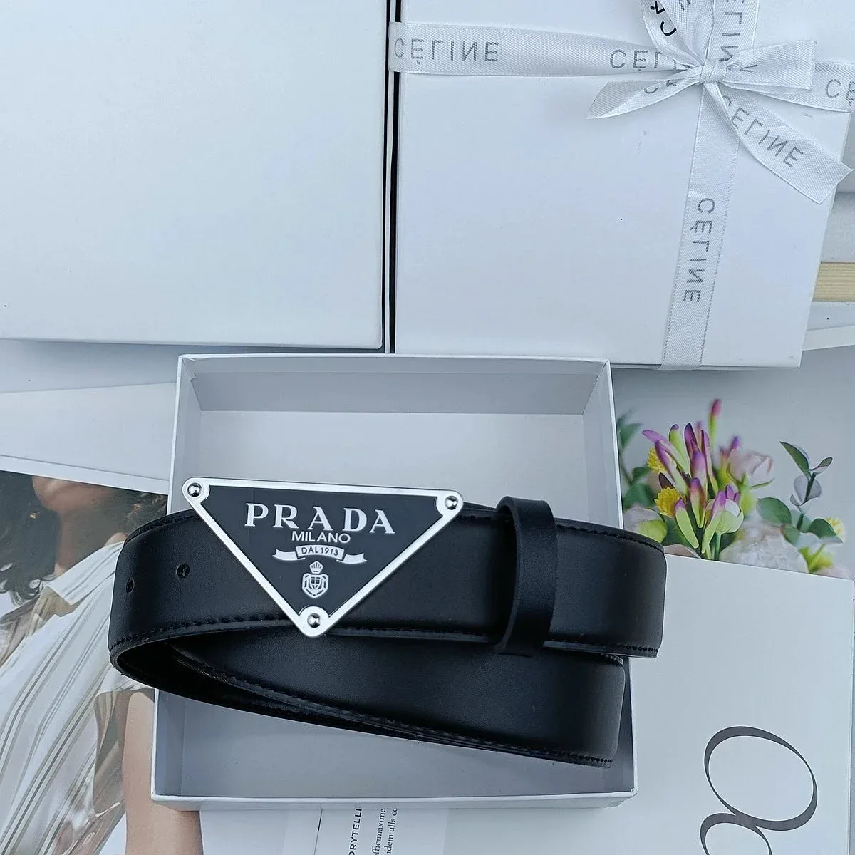 Prada Prada Black Leather Triangle Buckle Belt Black - 1