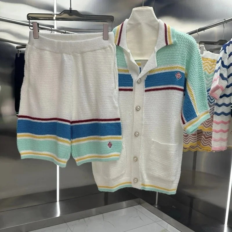 Other Knit Set with Striped Cardigan and Shorts in 185-08 White - 1