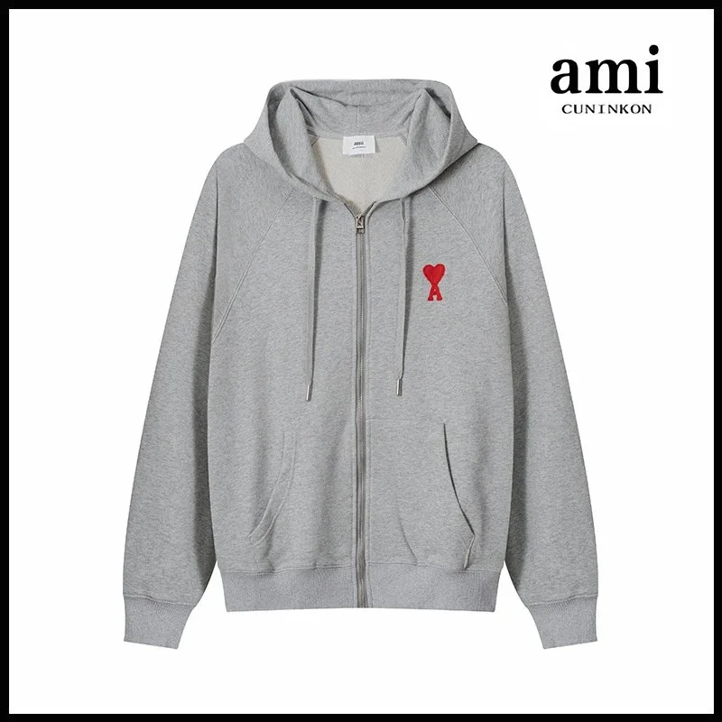 Ami Paris ami CUNINKON Grey AM Heart Zip-Up Hoodie Grey - 1