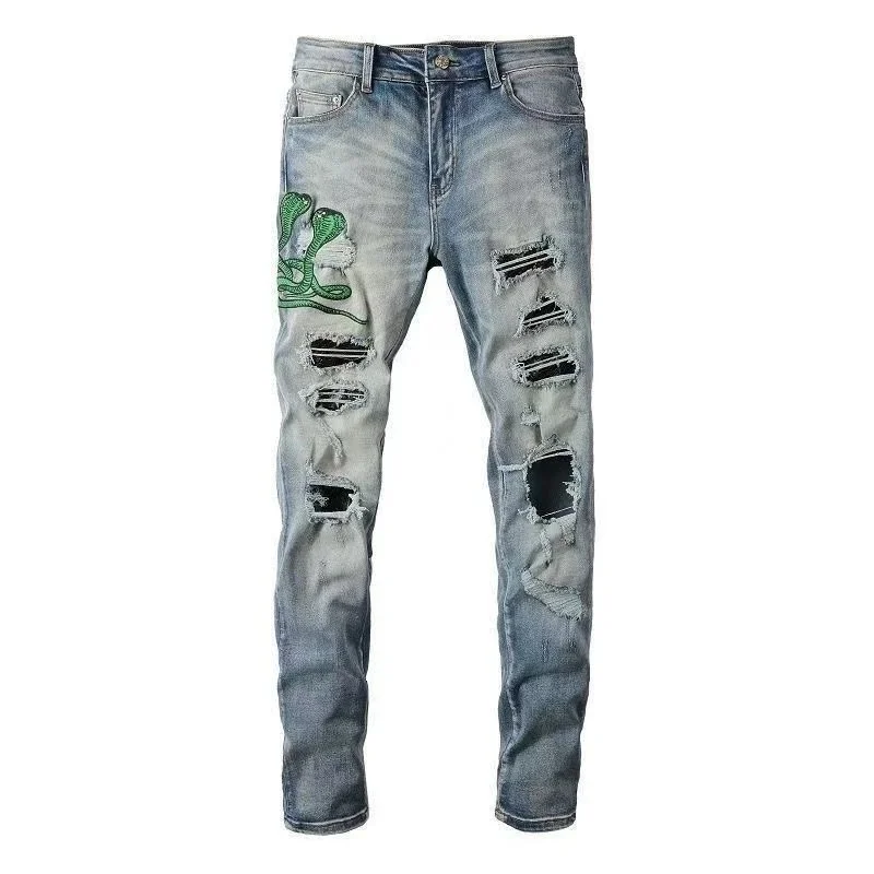 Other Distressed Snake Embroidery Jeans Light Blue Denim Blue - 1