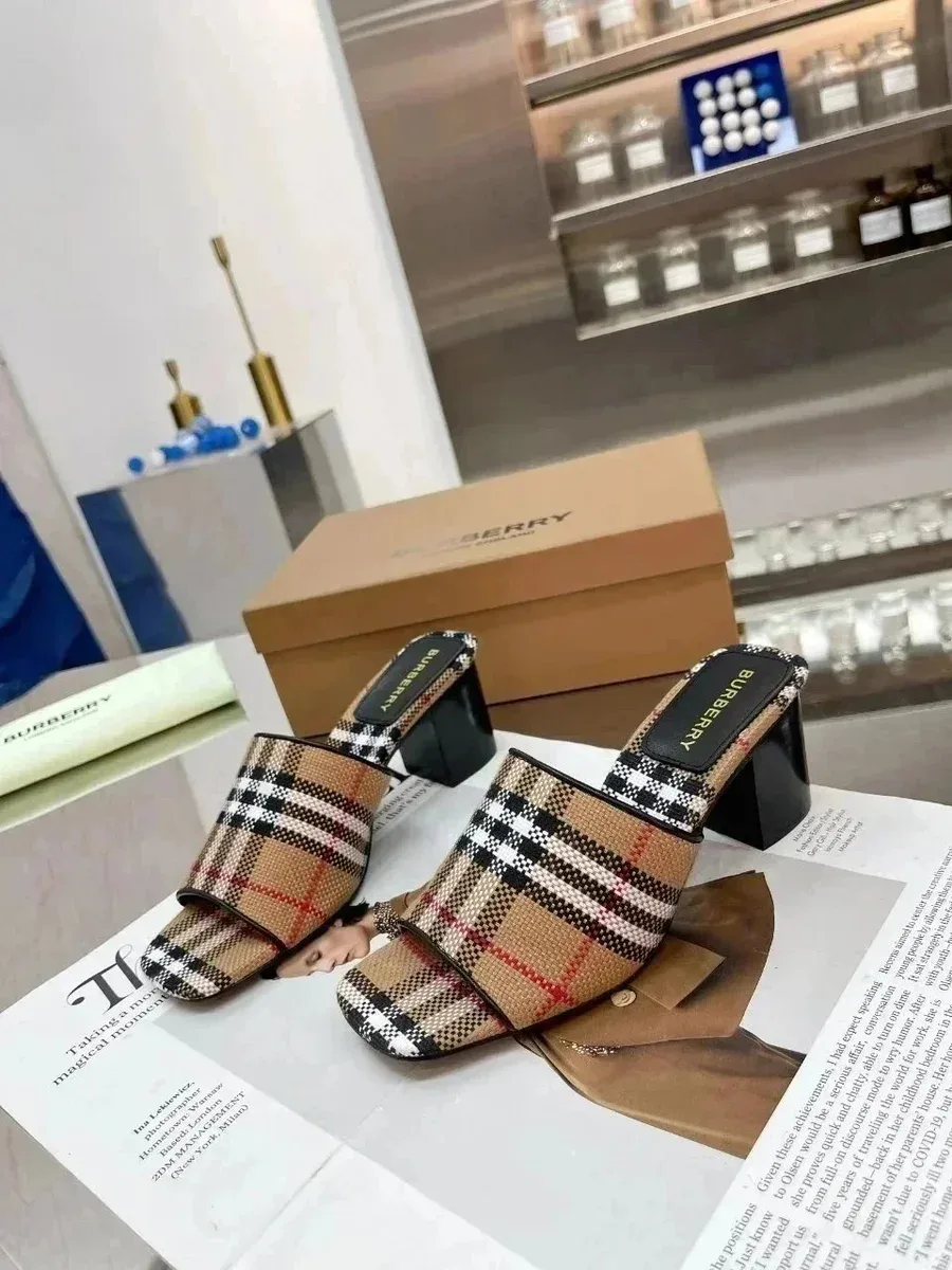 Burberry Burberry Classic Check Block Heel Mules Beige - 1