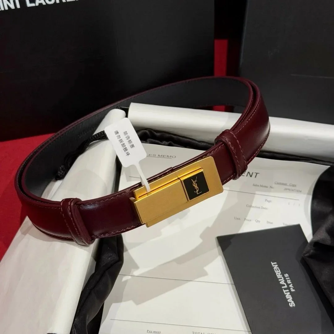 Saint Laurent Saint Laurent YSL Wine Leather Belt Red - 1