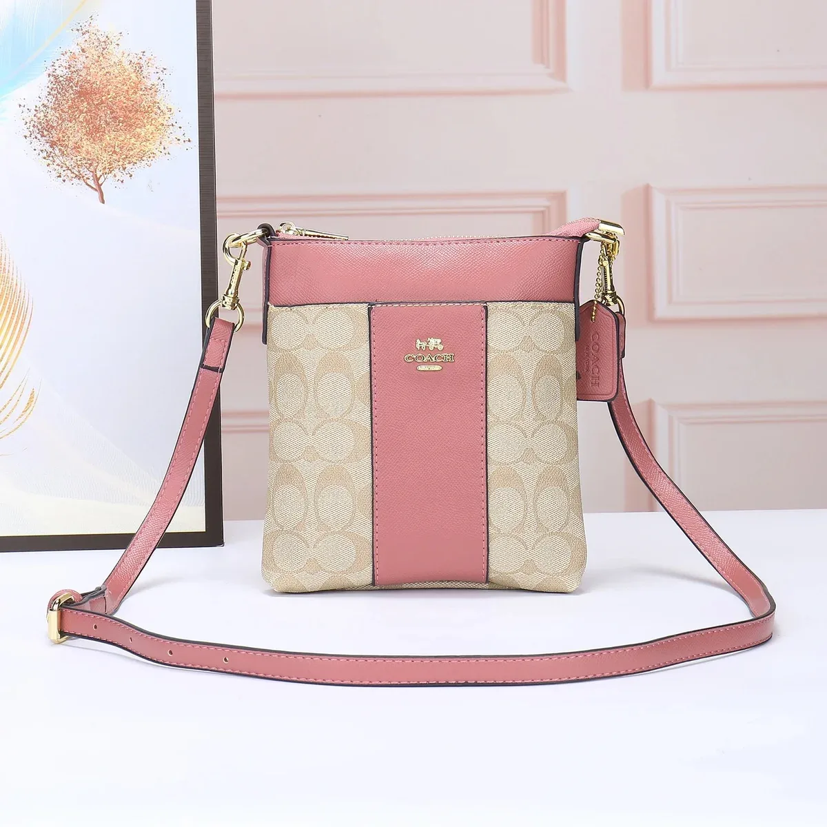 Coach Coach Signature Pink Beige Crossbody Bag Pink - 1