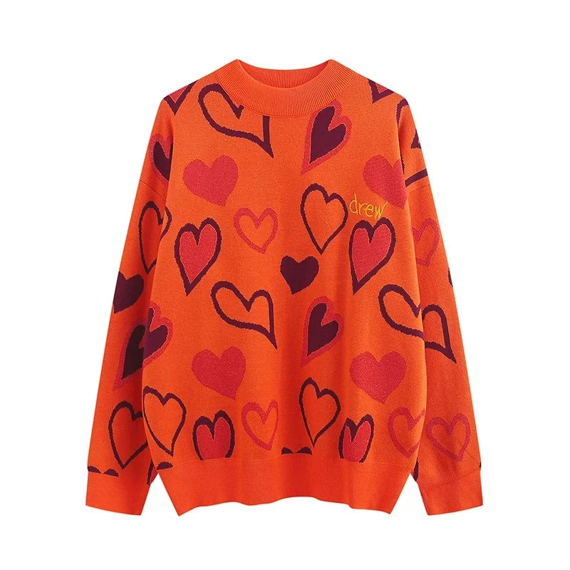 Other Vibrant Orange Heart Print Knit Sweater Orange - 1